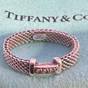 Tiffany & Co. Silver Ring with Intricate Mesh Design and Bar Clasp